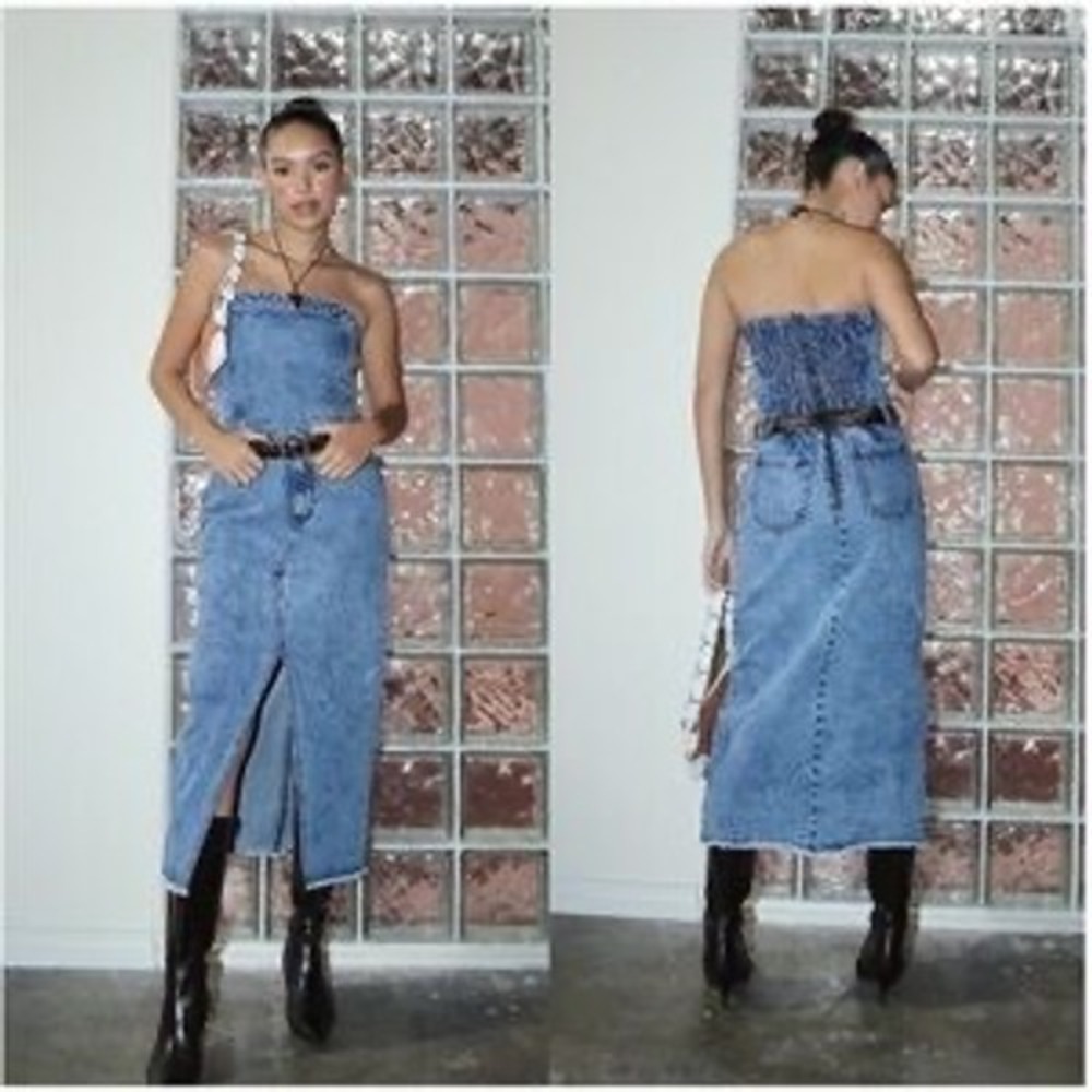 Baily RoseStrapless Denim Midi Dress Light Acid Wash Smocked Back Front Slit S